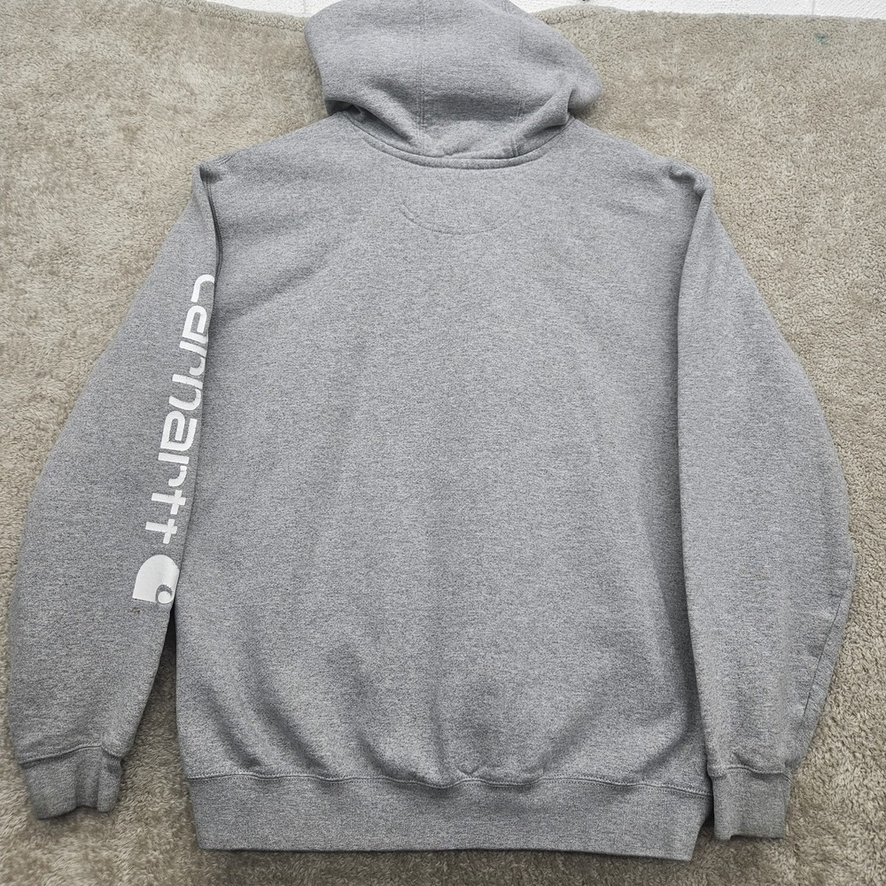 Carhartt Sleeve Logo Hoodie Gray Workwear Pullover Sweatshirt Mens Large - Picture 3 of 16
